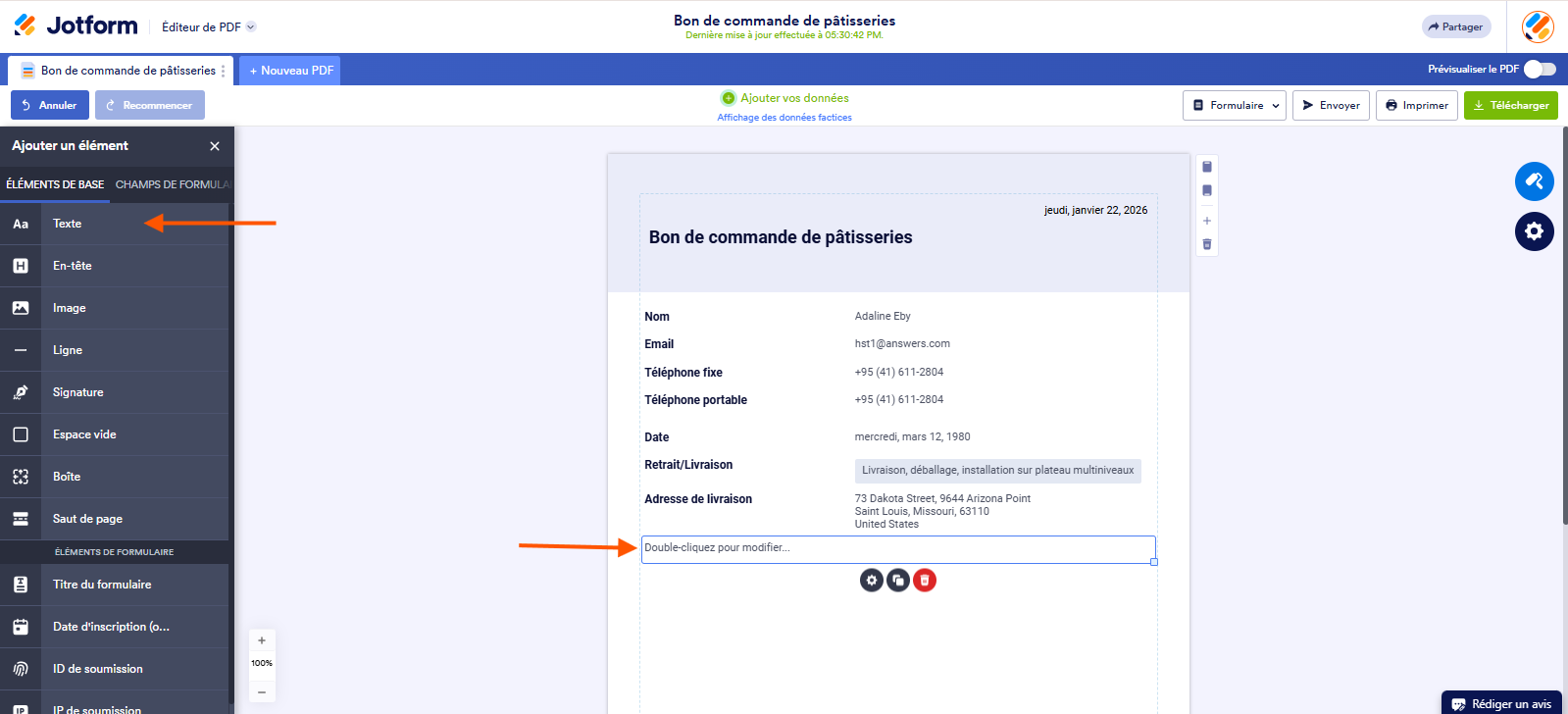Capture d'écran de l'Éditeur de PDF Jotform avec une flèche pointant vers l'élément Texte dans le volet Ajouter un élément et une autre vers cet élément dans le document PDF en cours de création