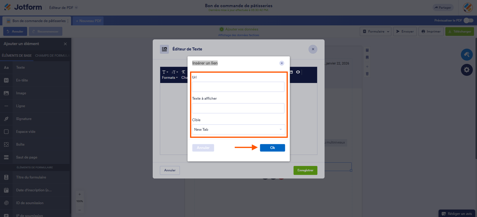 Capture d'écran de la fenêtre modale Insérer un lien avec un encadré autour des champs à renseigner URL, Texte à afficher et Cible, et une flèche pointant vers le bouton OK