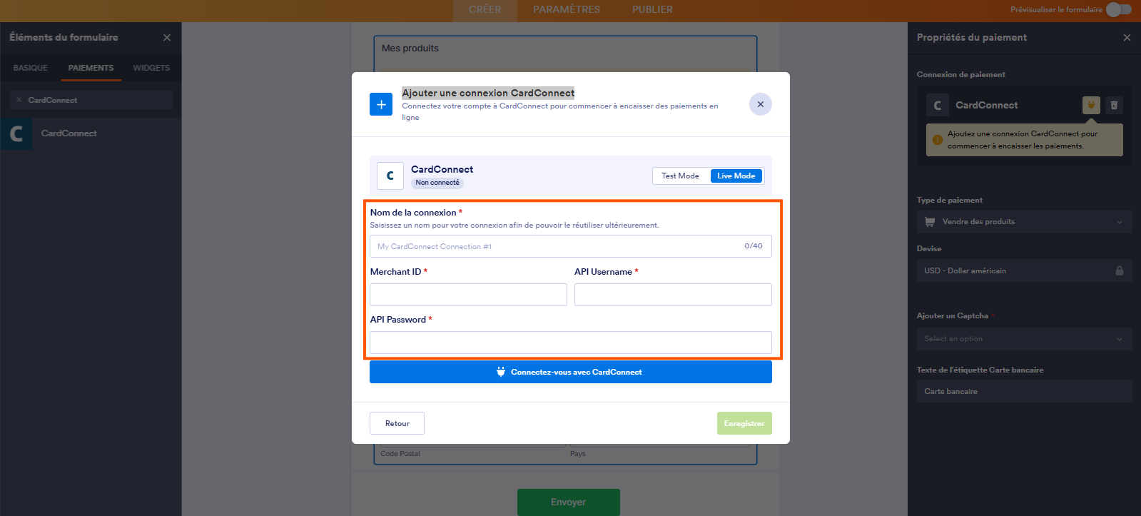 Capture d'écran de la fenêtre Ajouter une connexion CardConnect avec un encadré autour des champs à renseigner dans le Générateur de formulaires Jotform