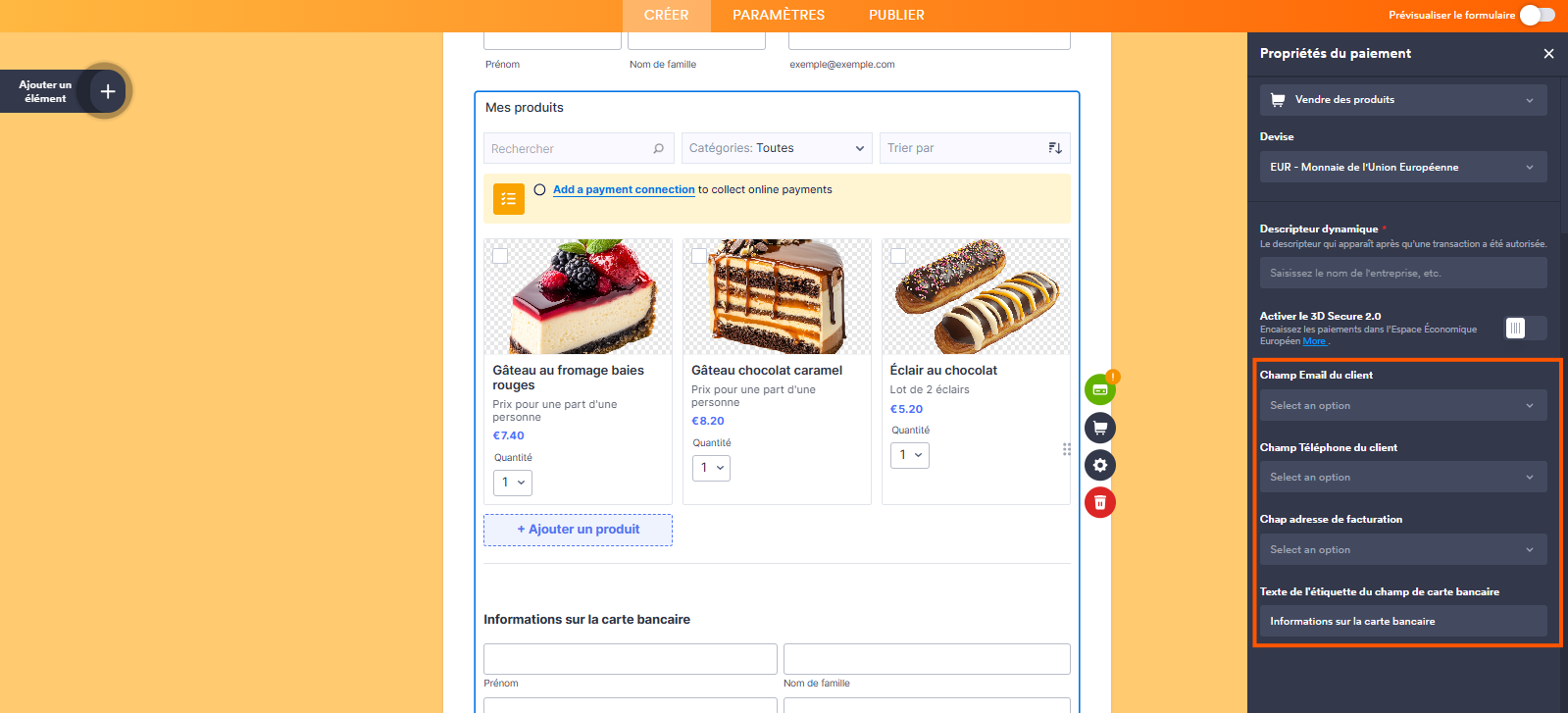 Capture d'écran d'un formulaire avec un élément de paiement BlueSnap dans le Générateur de formulaires Jotform avec un encadré autour des sections Champ Email du client, Champ Téléphone du client, Champ Adresse de facturation