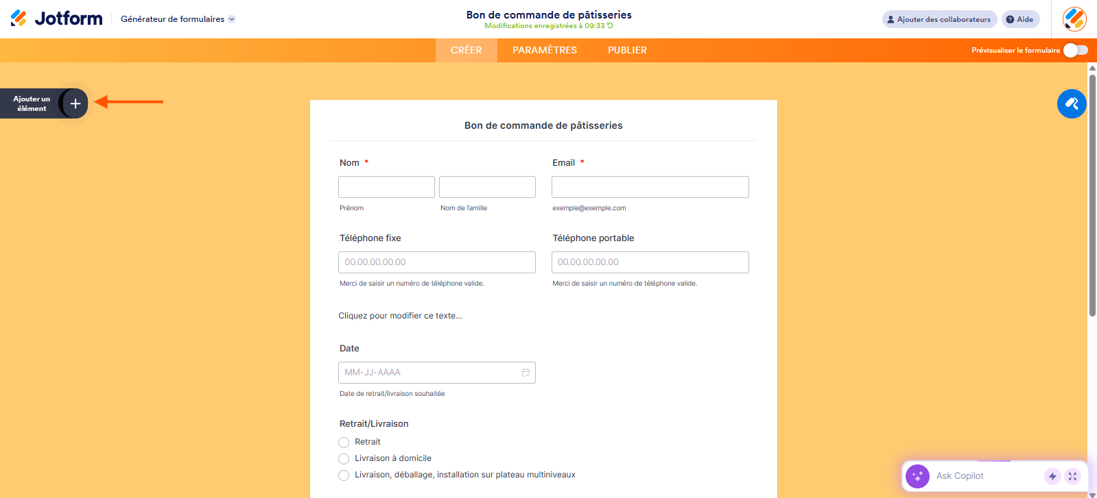 Capture d'écran d'un bon de commande dans le Générateur de formulaires Jotform avec une flèche pointant vers Ajouter un élément