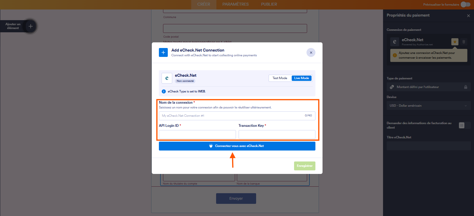 Capture d'écran de la fenêtre modale Ajouter une connexion eCheck