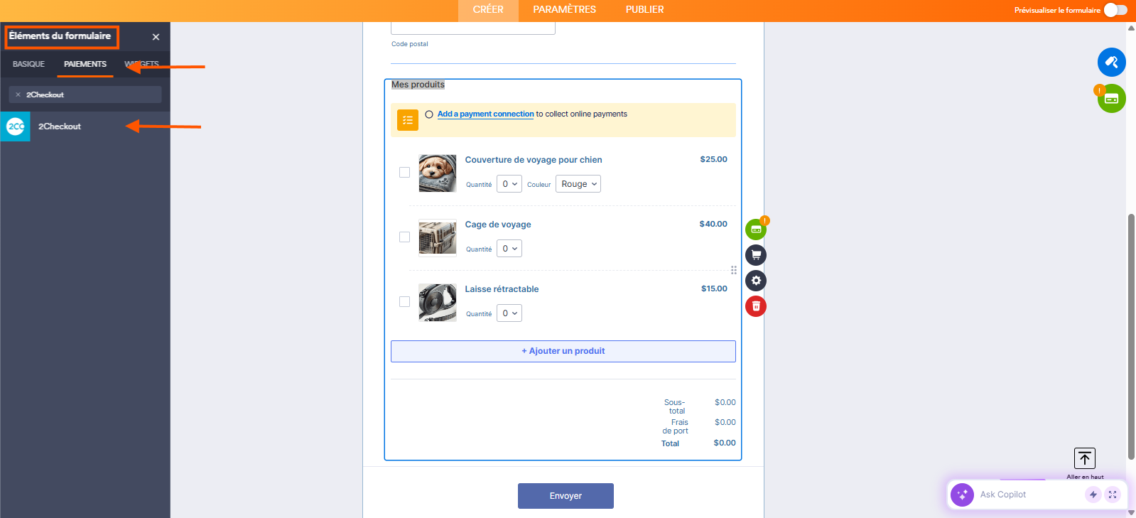 Capture d'écran d'un bon de commande dans le Générateur de formulaires Jotform avec un encadré autour d'Éléments du formulaire dans le volet de gauche, une flèche vers l'onglet Paiements et une autre vers 2Checkout