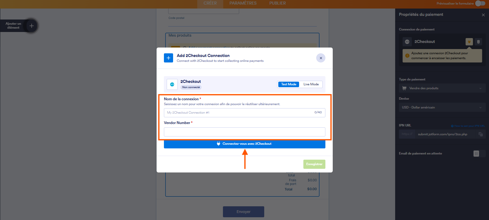Capture d'écran de la fenêtre modale Ajouter une connexion 2Checkout dans le Générateur de formulaires Jotform avec un encadré autour des éléments à configurer et une flèche vers le bouton Connectez-vous à 2Checkout