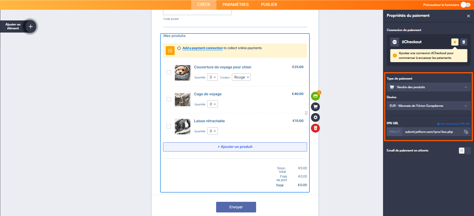 Capture d'écran du volet Propriétés du paiement dans le Générateur de formulaires Jotform avec un encadré autour des champs Devise, Type de paiement et URL IPN