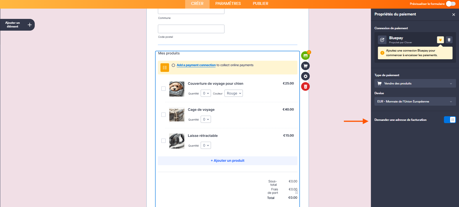Capture d'écran du volet Propriétés du paiement dans le Générateur de formulaires Jotform avec une flèche vers le bouton-curseur pour activer ou désactiver Demander une adresse de facturation
