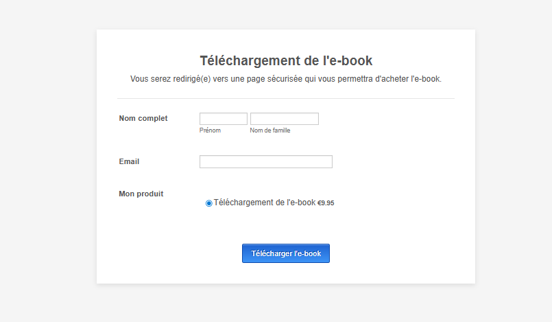 Capture d'écran d'un formulaire Téléchargement de l'e-book en mode prévisualisation dans le Générateur de formulaires Jotform avec un seul choix de produit