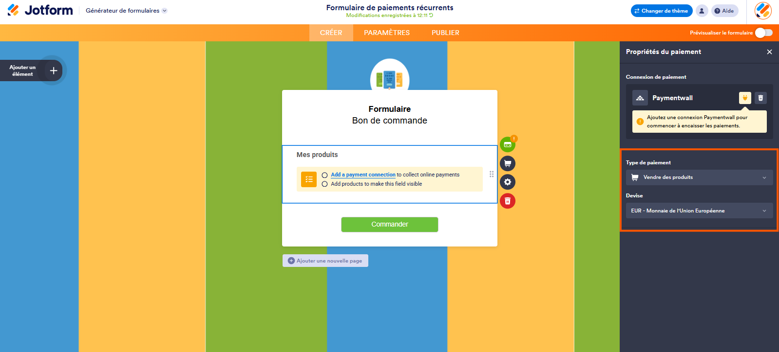 Capture d'écran de l'interface du Générateur de formulaires Jotform avec un encadré autour des champs Type de paiement et Devise du volet Propriétés du paiement
