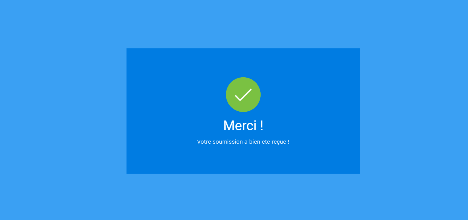 Capture d'écran d'une page de remerciement basique à l'issue d'un formulaire à cartes Jotform