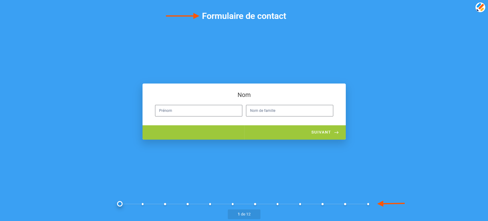 Capture d'écran d'un formulaire à cartes Jotform avec une flèche vers le titre Formulaire de contact et une autre vers la barre de progression