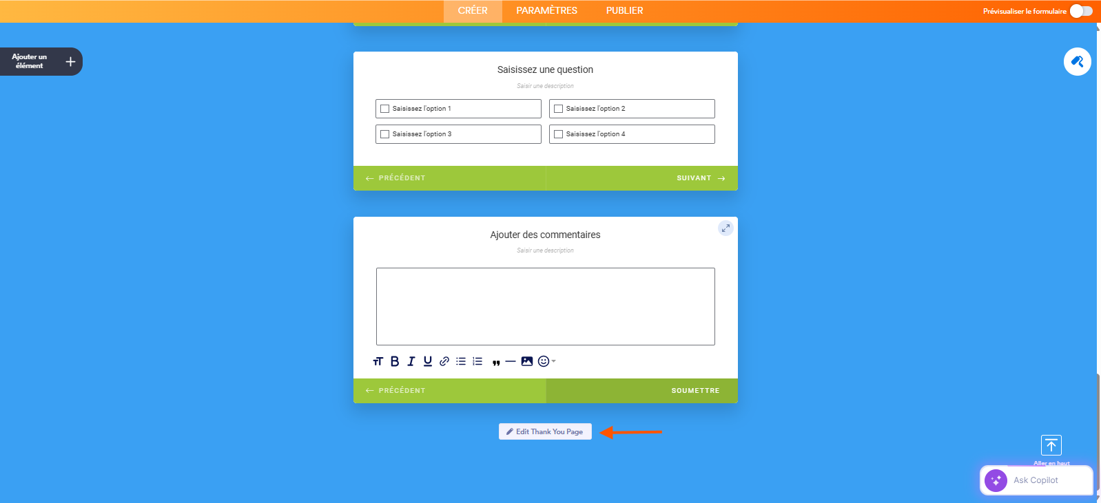 Capture d'écran d'un formulaire à cartes dans le Générateur de formulaires Jotform avec une flèche vers le bouton Modifier la page de remerciement