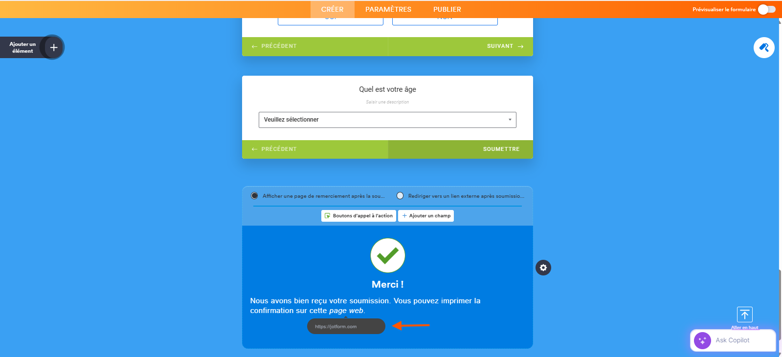 Capture d'écran de l'éditeur de page de remerciement d'un formulaire à cartes dans le Générateur de formulaires Jotform avec une flèche vers l'URL saisie
