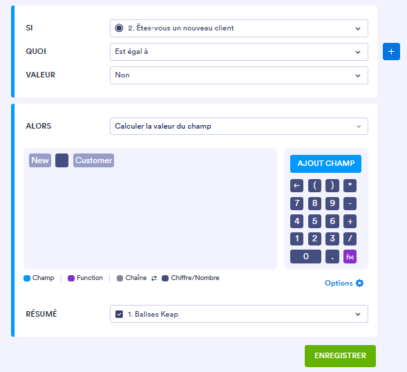 Capture d'écran d'un condition configurée sur la page METTRE À JOUR/CALCULER UN CHAMP dans le Générateur de formulaires Jotform