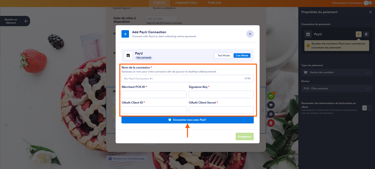 Capture d'écran de la fenêtre modale Ajouter une connexion PayU dans le Générateur de formulaires Jotform avec un encadré autour des champs à renseigner et une flèche vers Connectez-vous avec PayU