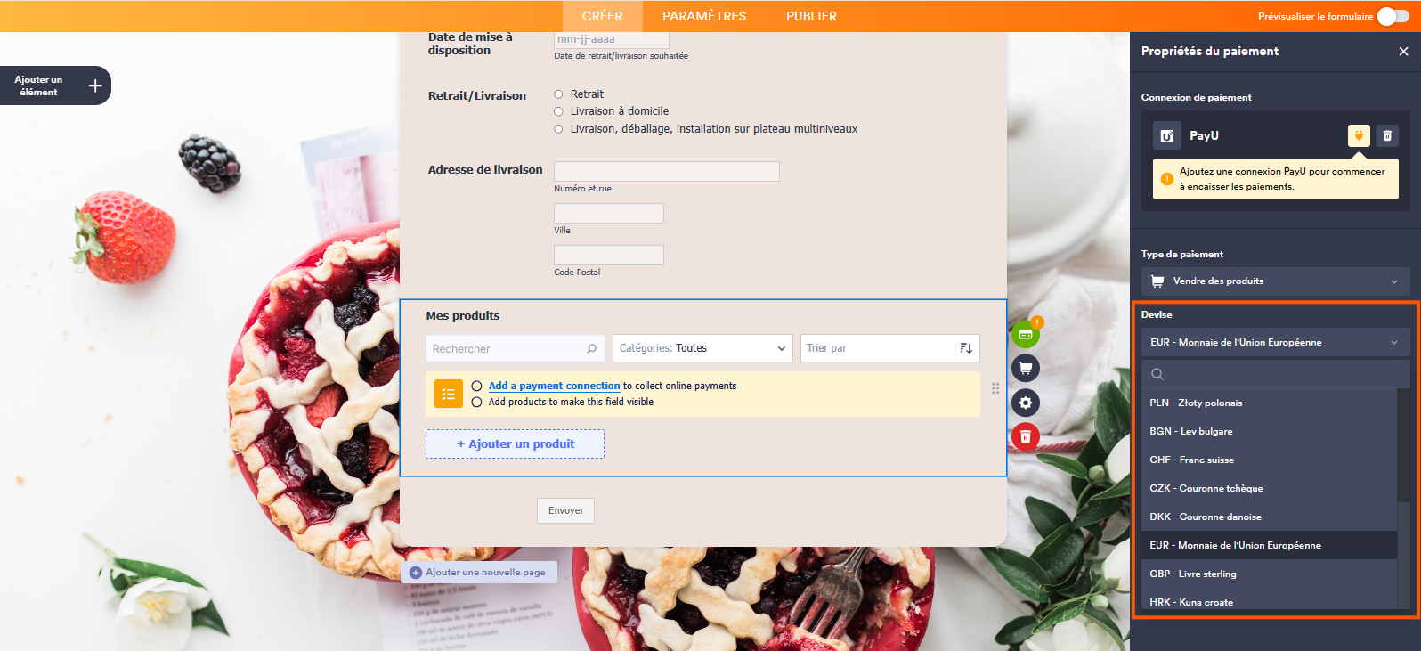 Capture d'écran du volet Propriétés du paiement dans le Générateur de formulaires Jotform avec un encadré autour de la section Devise