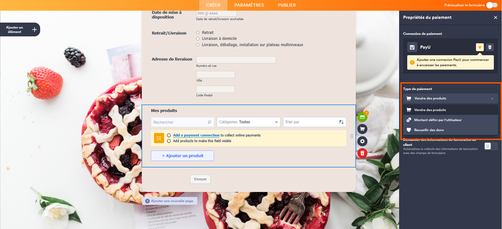 Capture d'écran du volet Propriétés du paiement dans le Générateur de formulaires Jotform avec un encadré autour de la section Type de paiement