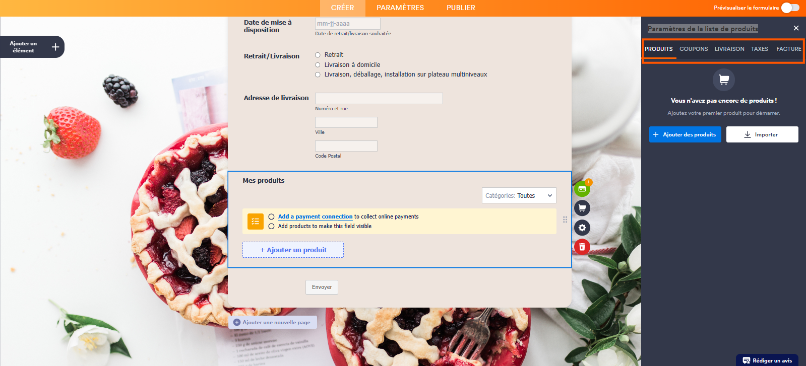Capture d'écran du volet Paramètres de la liste de produits dans le Générateur de formulaires Jotform avec un encadré autour des différents onglets