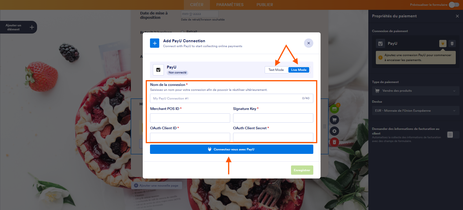 Capture d'écran de la fenêtre modale Ajouter une connexion PayU dans le Générateur de formulaires Jotform avec deux flèches Test Mode et Live Mode, un encadré autour des paramètres à renseigner et une flèche vers Connectez-vous avec PayU