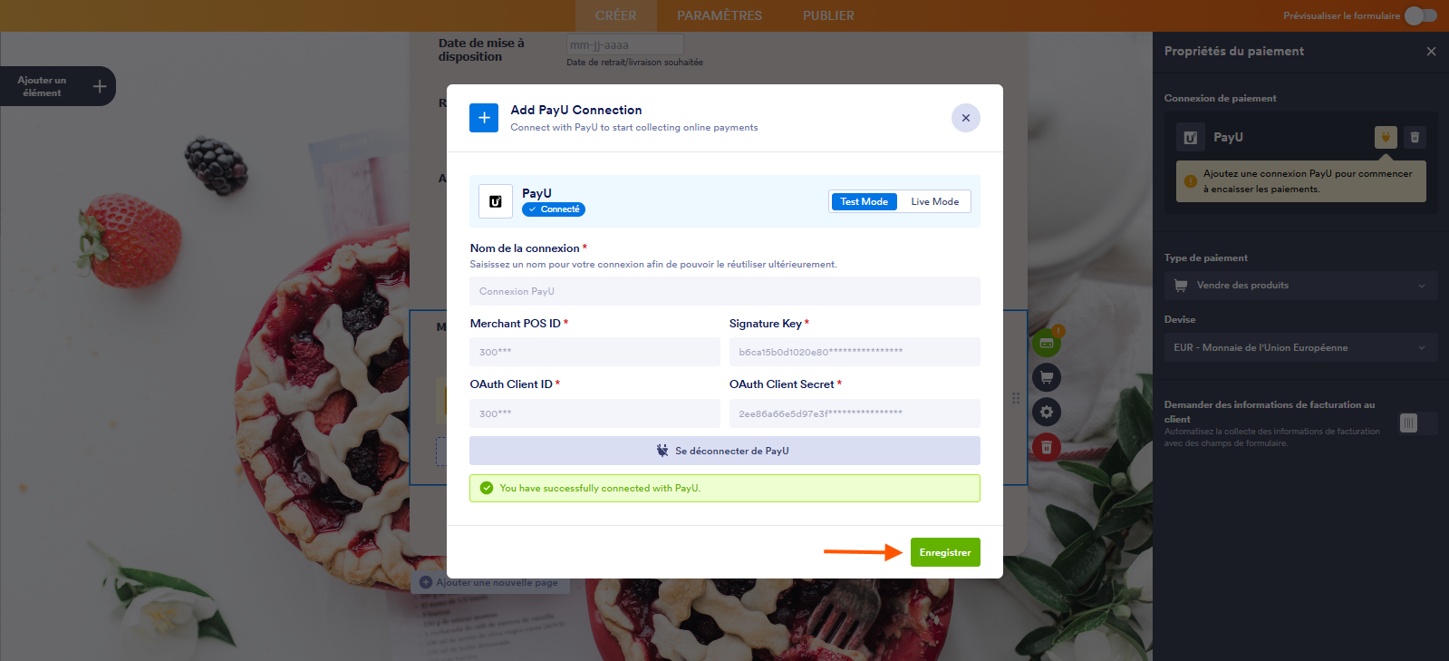 Capture d'écran de la fenêtre modale Ajouter une connexion PayU dans le Générateur de formulaires Jotform avec la connexion avec PayU établie et une flèche vers Enregistrer