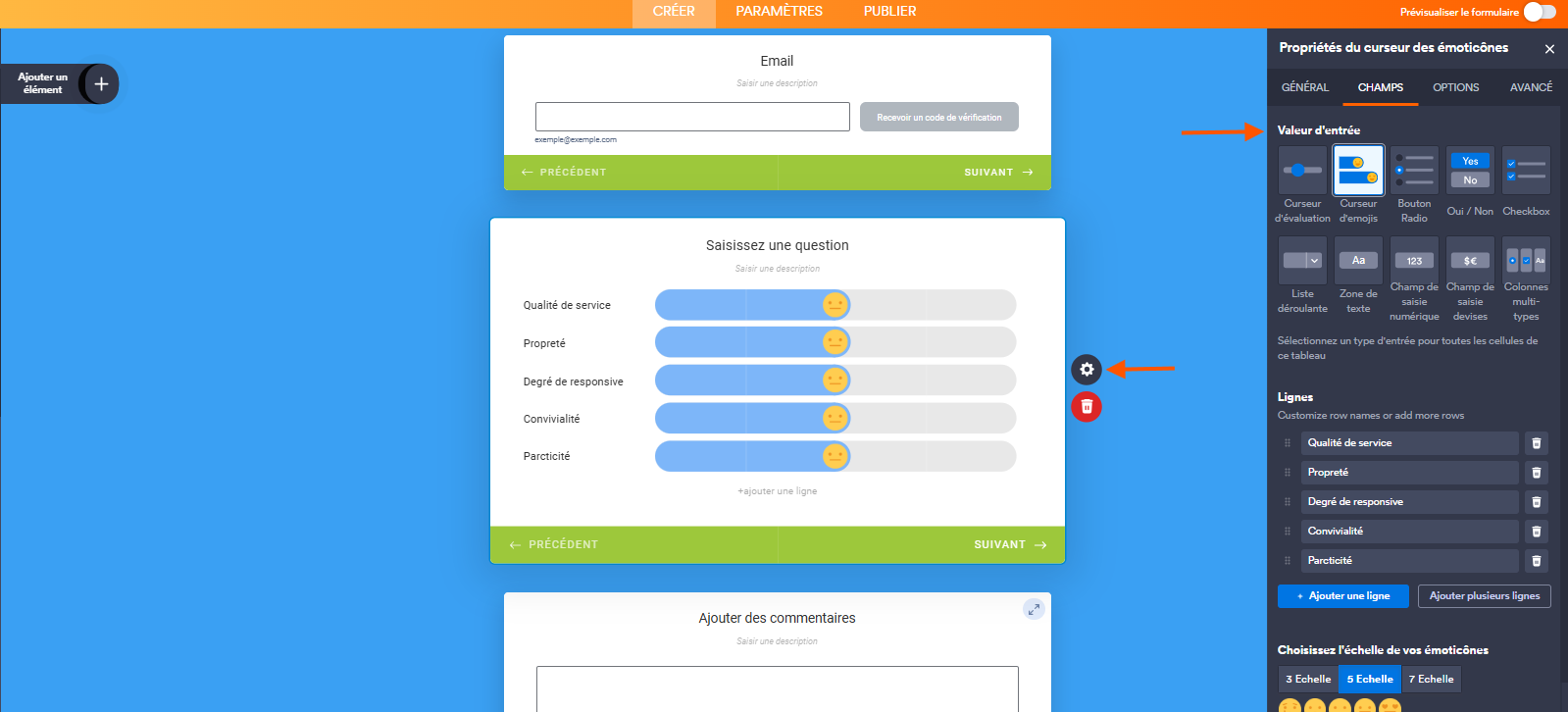 Capture d'écran d'un élément Curseur d'émojis d'un formulaire à cartes dans le Générateur de formulaires Jotform avec une flèche vers l'icône d'engrenage et une autre vers Valeur d'entrée