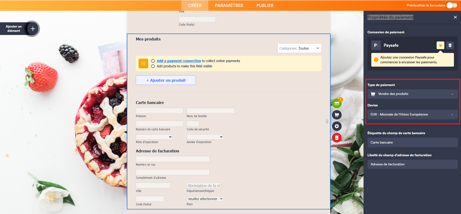 Capture d'écran montrant un formulaire avec un élément de paiement Paysafe dans le Générateur de formulaires Jotform avec un encadré autour de Type de paiement et Devise dans le volet Propriétés du paiement à droite