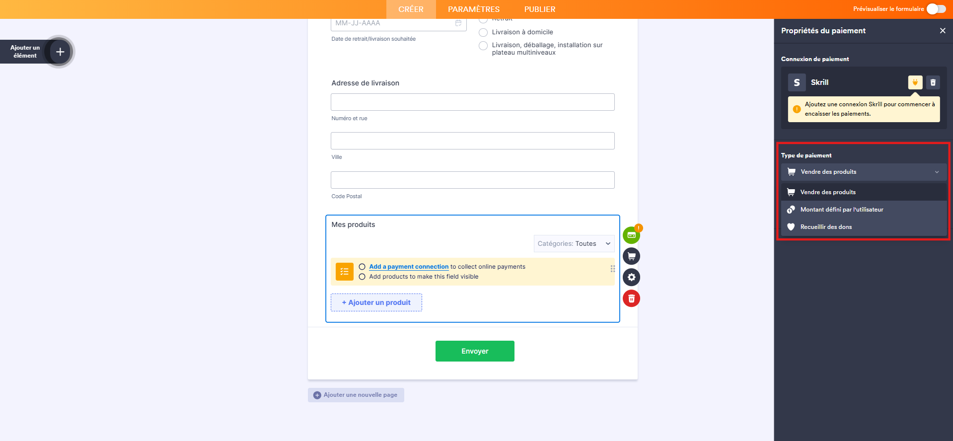 Capture d'écran de la liste déroulante Type de paiement dans le volet Propriétés du paiement dans le Générateur de formulaires Jotform