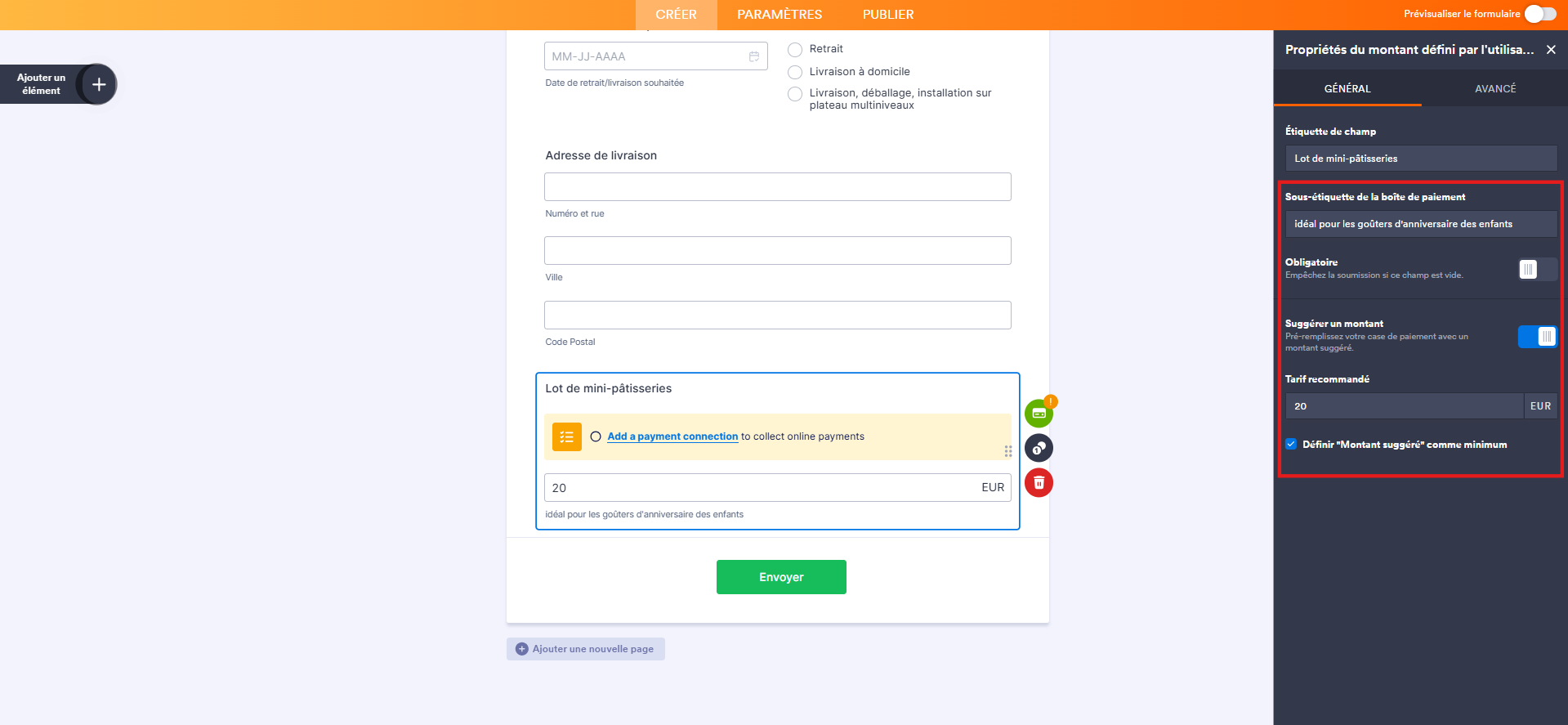 Capture d'écran du volet Propriétés du montant défini par l'utilisateur dans le Générateur de formulaires Jotform avec un encadré autour des différents paramètres pour Montant défini par l'utilisateur de l'élément de paiement Skrill