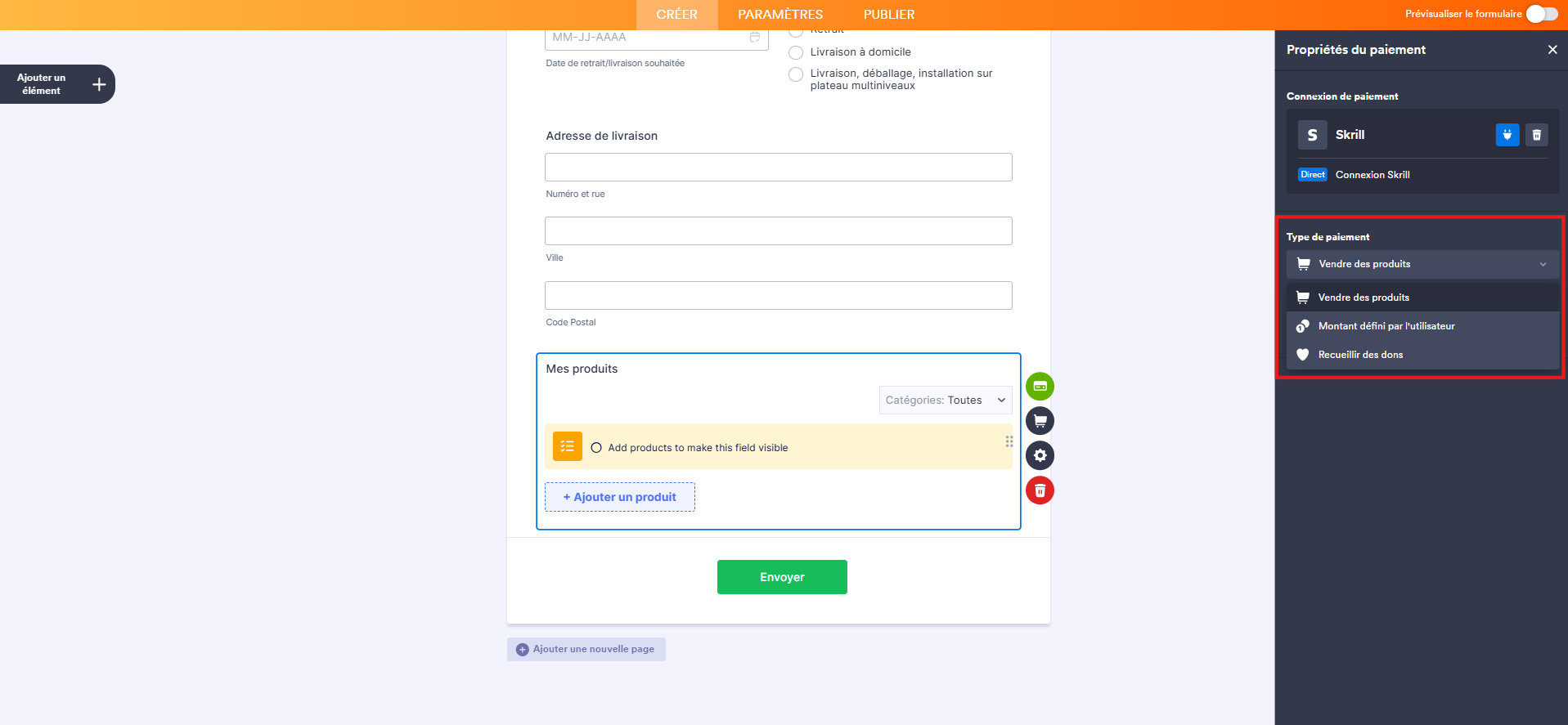 Capture d'écran du volet Propriétés du paiement dans le Générateur de formulaires Jotform avec un encadré autour des options du menu Type de paiement