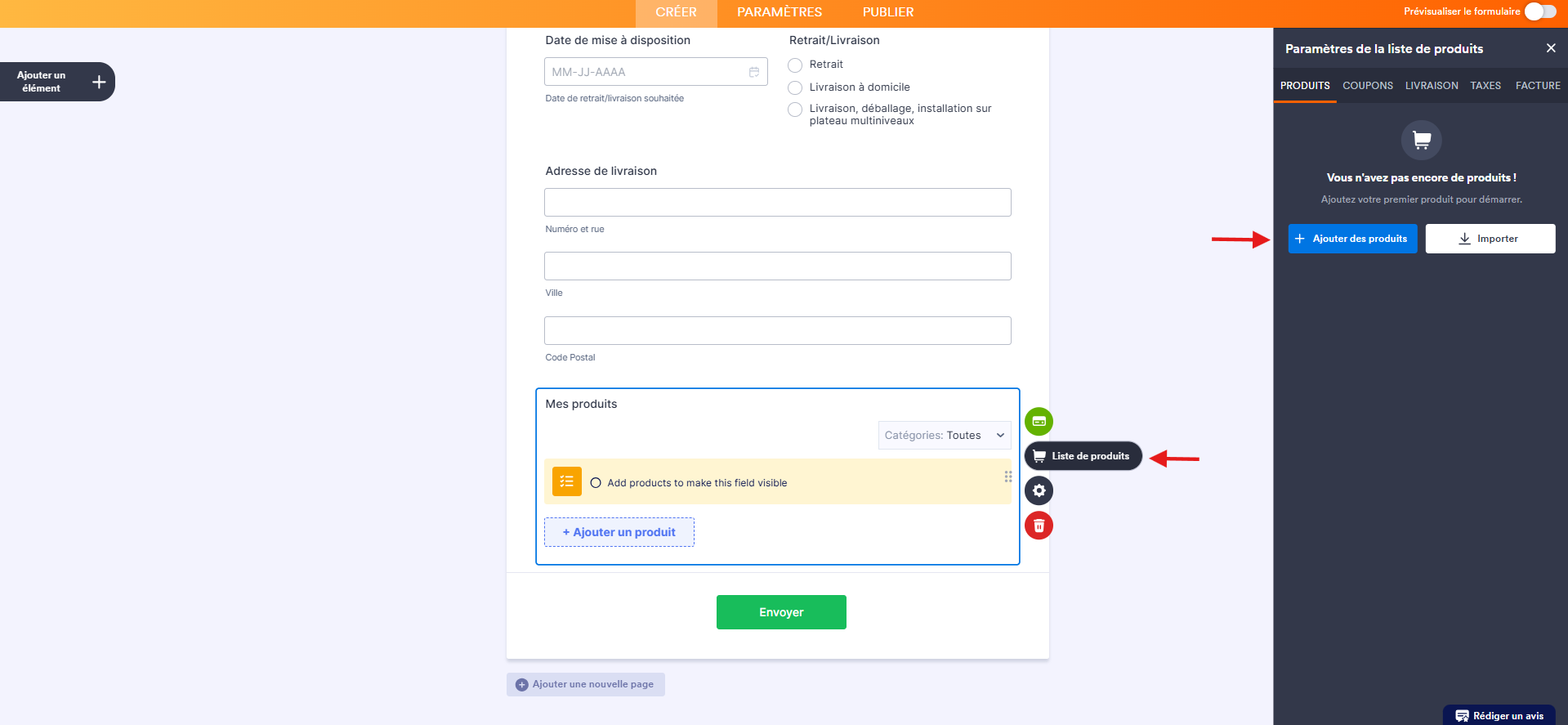 Capture d'écran du volet Paramètres de la liste de produits dans le Générateur de formulaires Jotform avec une flèche vers l'icône d'engrenage de l'élément de paiement Skrill et une autre vers le bouton Ajouter des produits