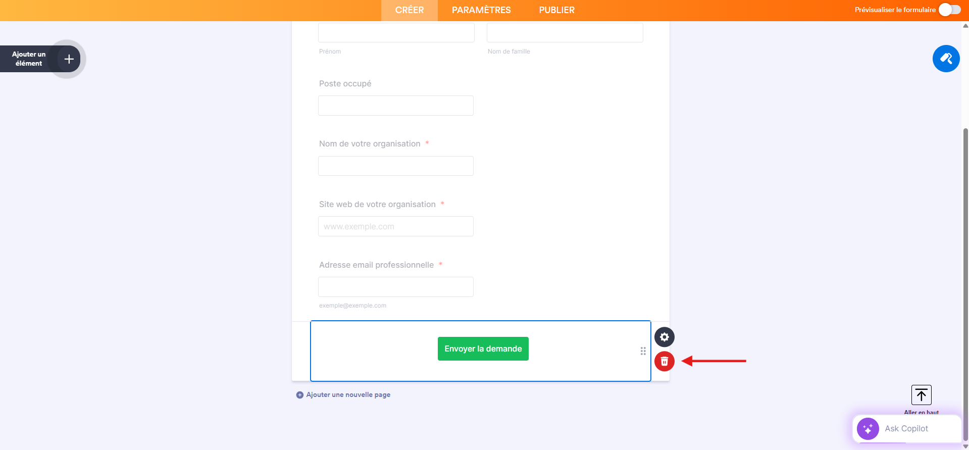 Capture d'écran de l'icône de suppression du bouton Envoyer la demande dans le Générateur de formulaires Jotform