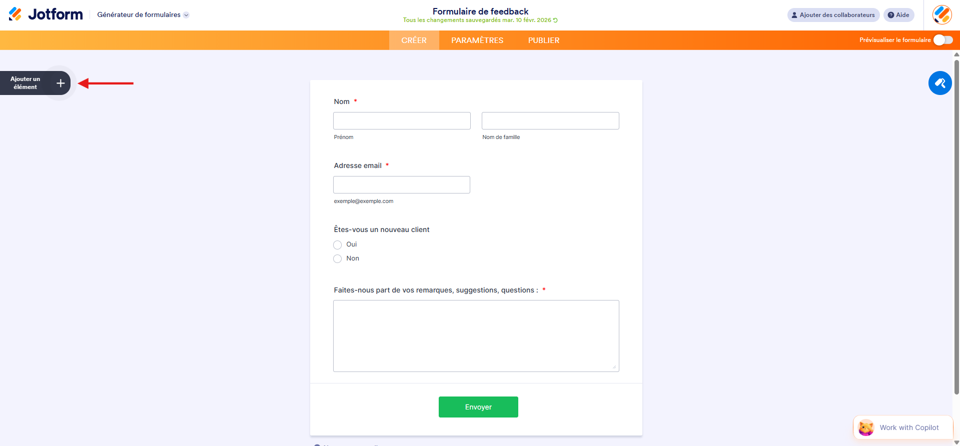 Capture d'écran d'un formulaire dans le Générateur de formulaires Jotform avec une flèche vers le bouton Ajouter un élément