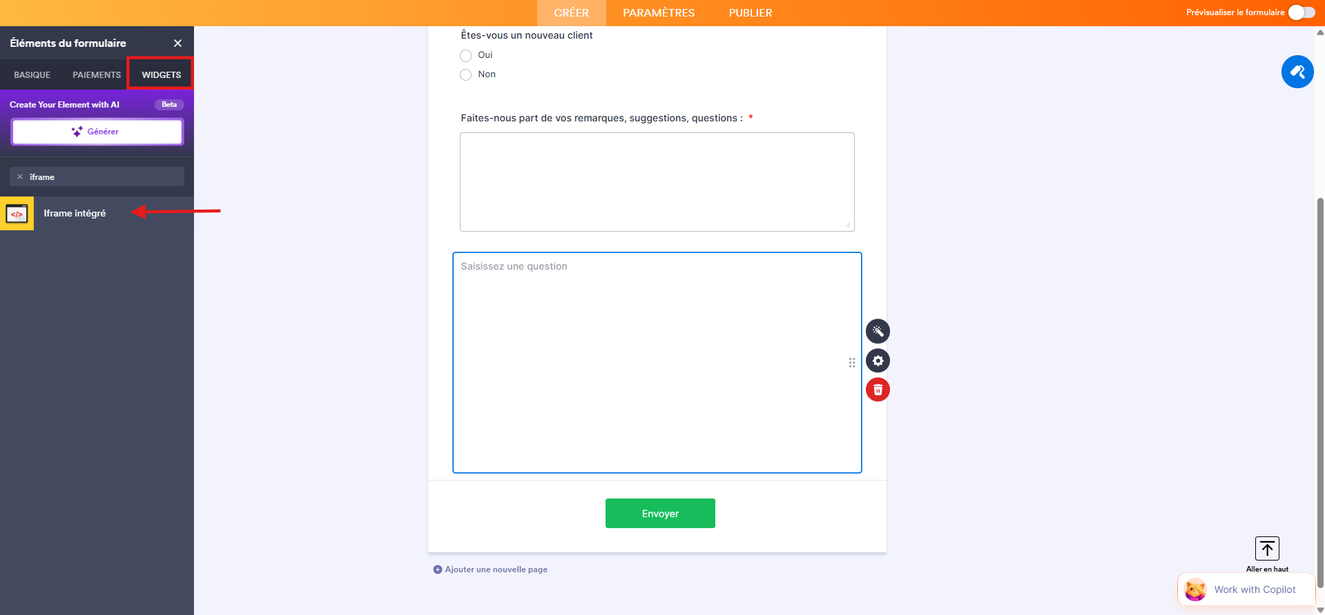 Capture d'écran d'un formulaire dans le Générateur de formulaires Jotform avec Widget encadré en rouge et une flèche vers iFrame Intégré dans le volet de gauche
