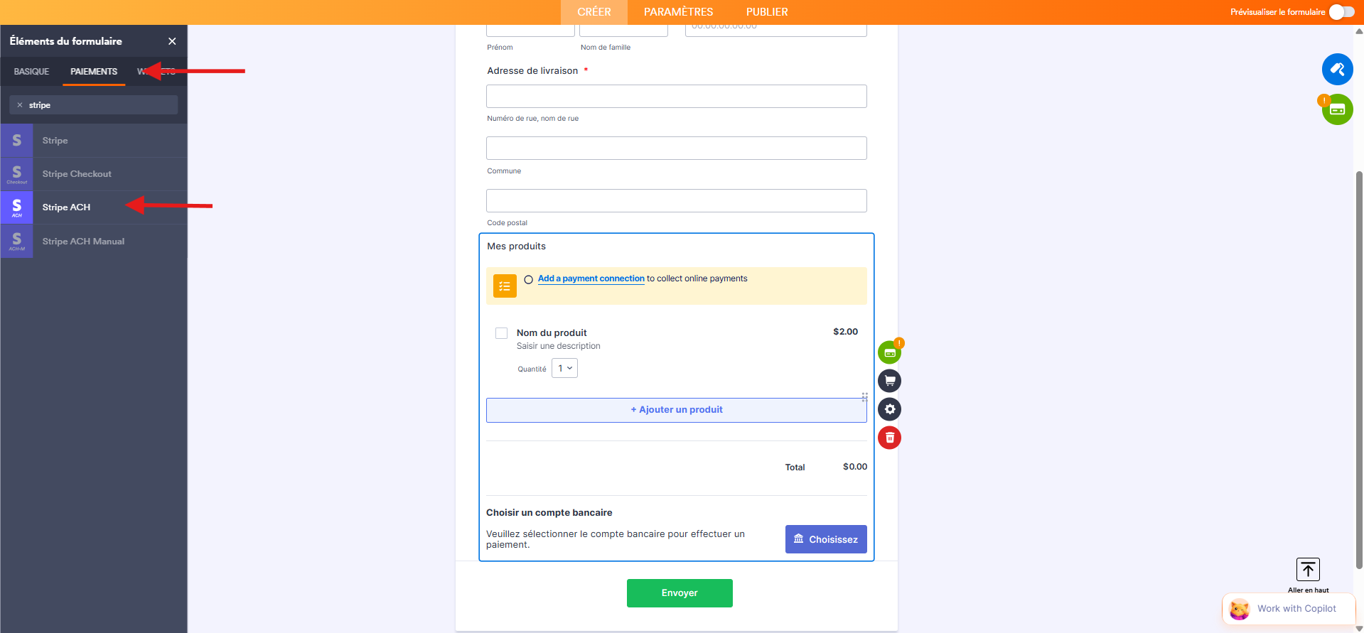 Capture d'écran d'un formulaire dans le Générateur de formulaires Jotform avec une flèche vers l'onglet Paiements et une autre vers Stripe ACH