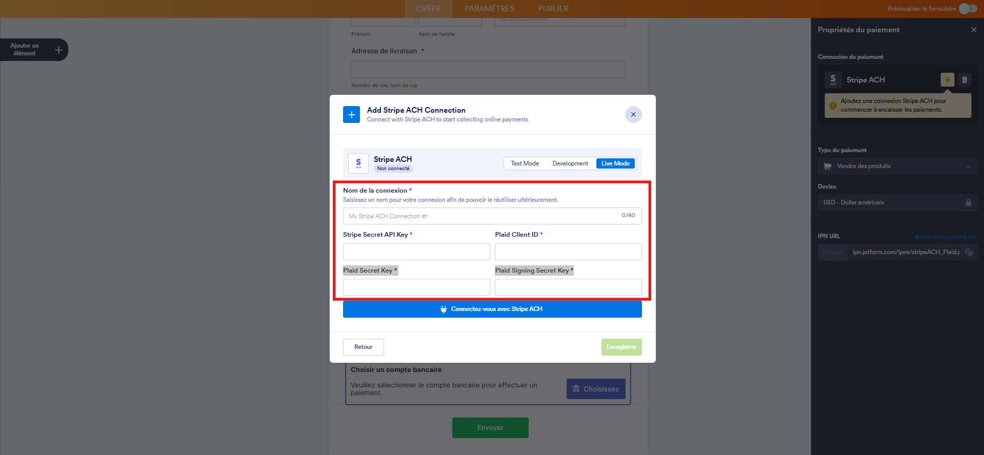 Capture d'écran de la fenêtre modale Ajouter une connexion Stripe ACH dans le Générateur de formulaires Jotform avec un encadré autour des options à renseigner