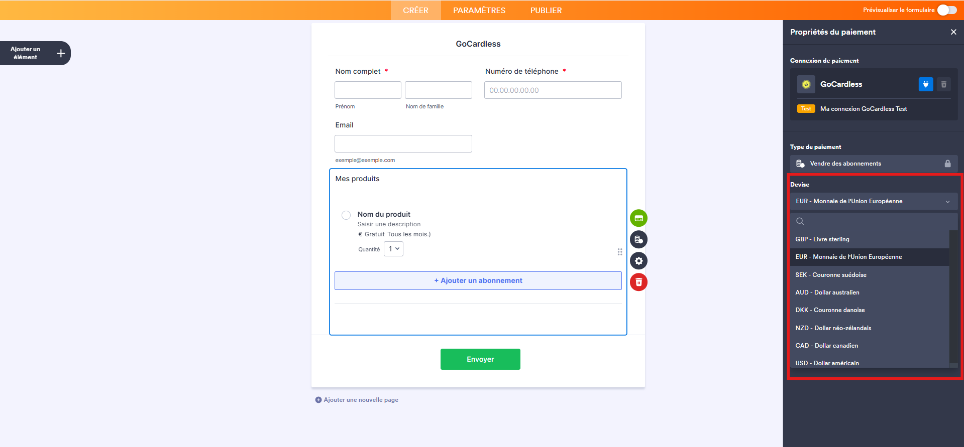 Capture d'écran d'un formulaire avec un élément de paiement GoCardless dans le Générateur de formulaires Jotform avec un encadré autour de la section Devise et du menu des options de devises dans le volet Propriétés du paiement