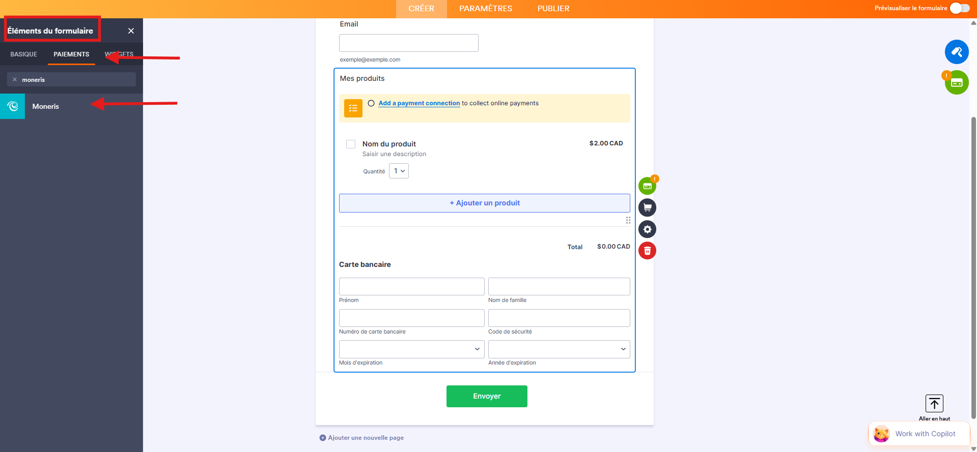 Capture d'écran d'un formulaire avec un élément de paiement Moneris dans le Générateur de formulaires Jotform avec un encadré autour d'Éléments du formulaire, une flèche vers Paiements et une autre vers Moneris