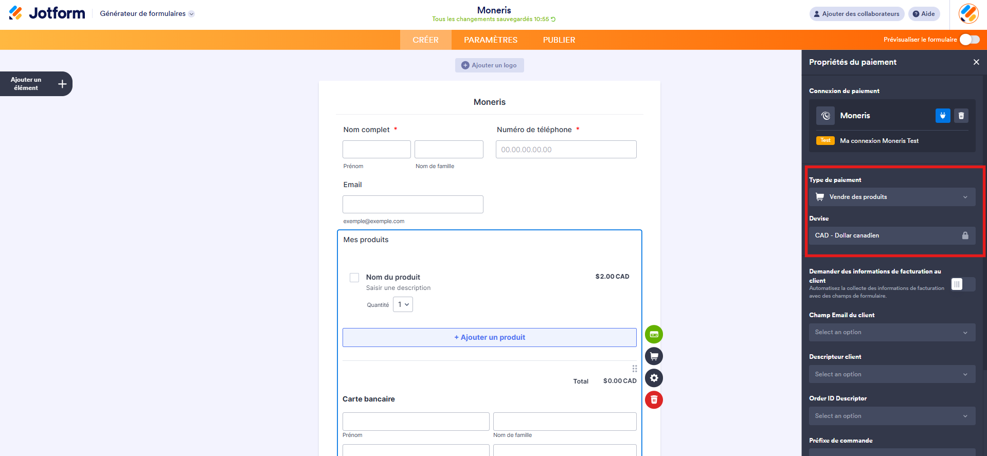 Capture d'écran de l'élément Moneris dans le Générateur de formulaires Jotform avec un encadré autour des sections Type de paiement et Devise