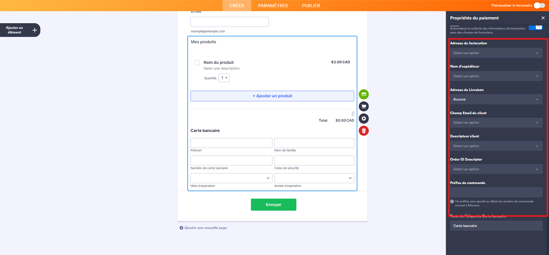 Capture d'écran de l'élément Moneris et du volet Propriétés du paiement dans le Générateur de formulaires Jotform avec un encadré autour des sections de paramètres supplémentaires à configurer