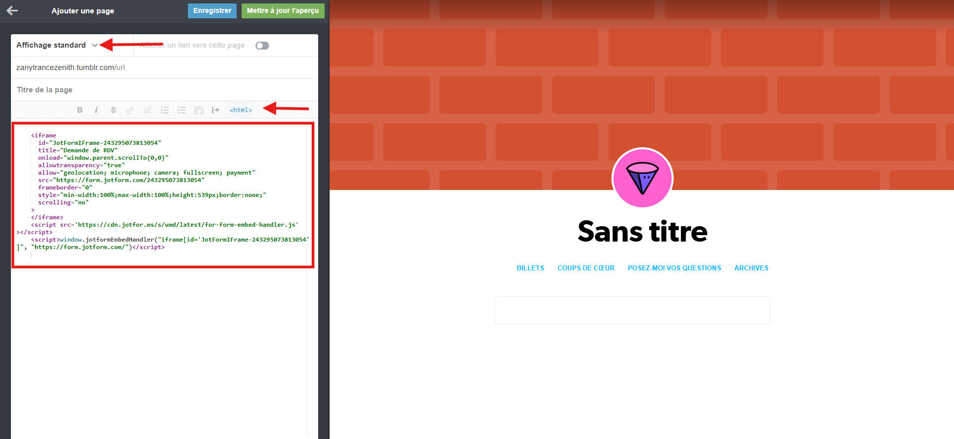 Capture d'écran du code d'intégration du formulaire Jotform collé dans la section Affichage Standard de la section Ajouter une page dans l'Éditeur de thème Tumblr