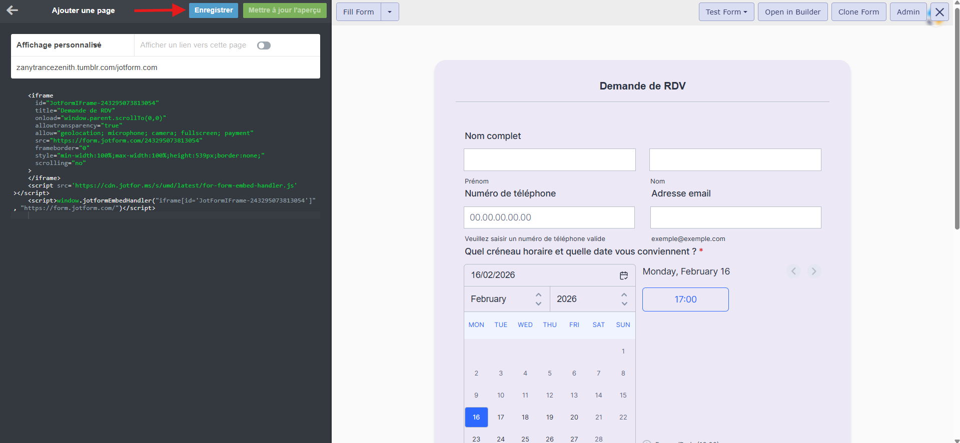 Capture d'écran de l'Éditeur de thème Tumblr avec une flèche vers le bouton Enregistrer de la section Ajouter une page