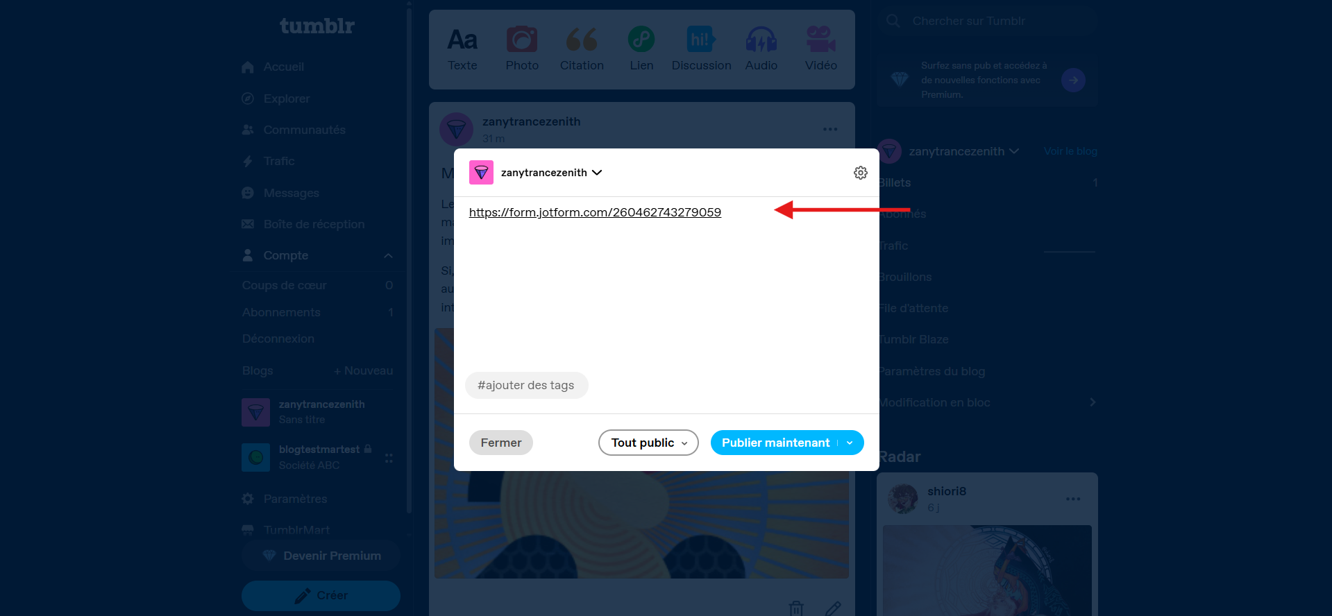 Capture d'écran de l'URL du formulaire Jotform dans la fenêtre de publication du tableau de bord Tumblr
