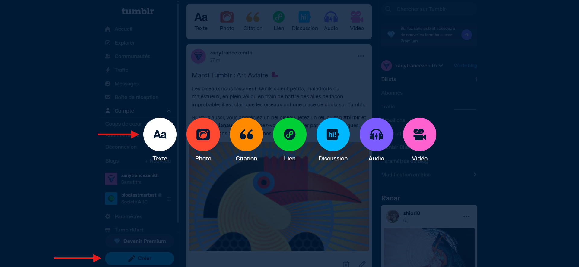Capture d'écran du bouton Créer une publication dans le tableau de bord Tumblr avec une flèche vers l'icône Texte