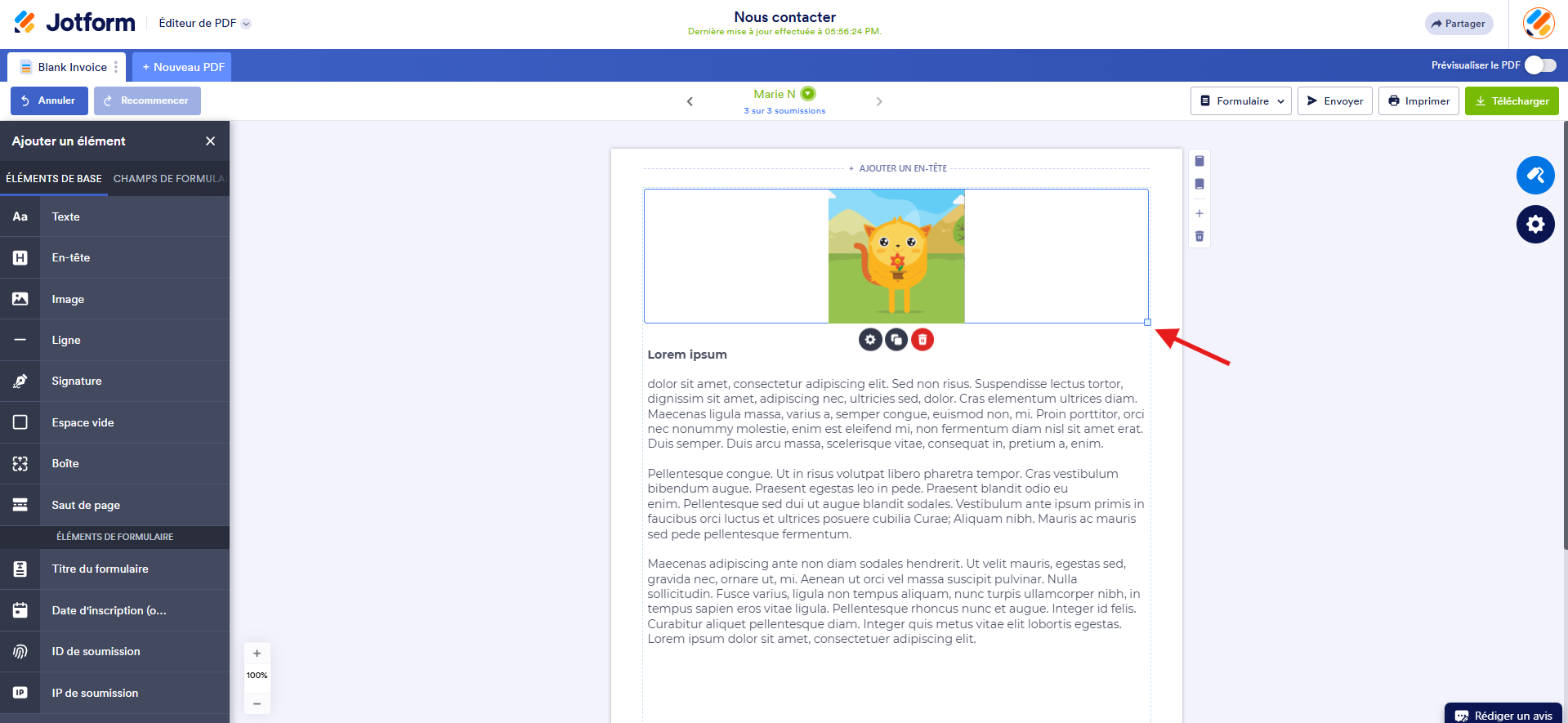 Capture d'écran d'une image redimensionnée Une image redimensionnée dans l'Éditeur de PDF Jotform