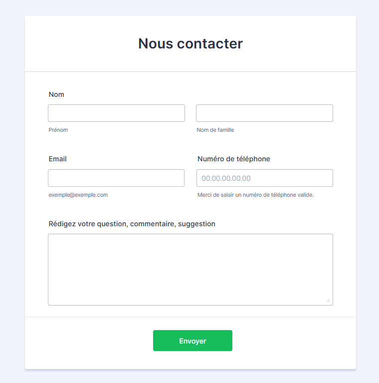 Capture d'image d'un formulaire Nous contacter avec le thème par défaut