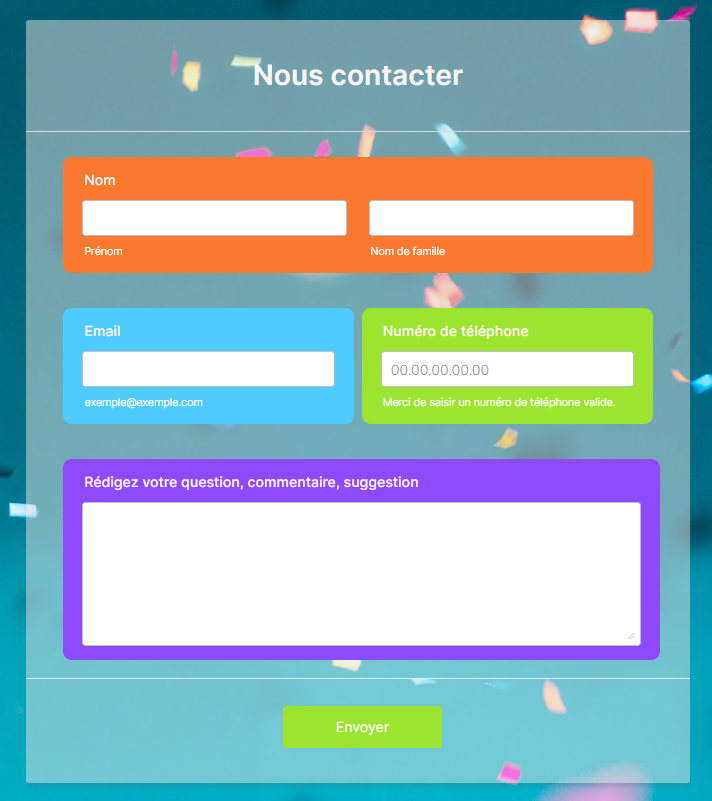 Capture d'écran du même formulaire avec le thème astucieux et coloré