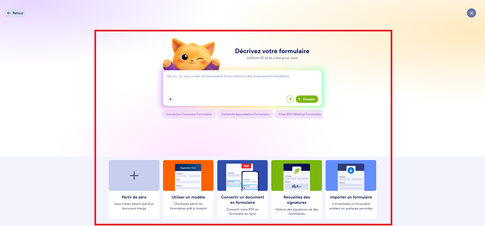 Capture d'écran de la page de création de formulaire affichant plusieurs options telles que « Partir de zéro », « Utiliser un modèle », « Convertir un document en formulaire », etc