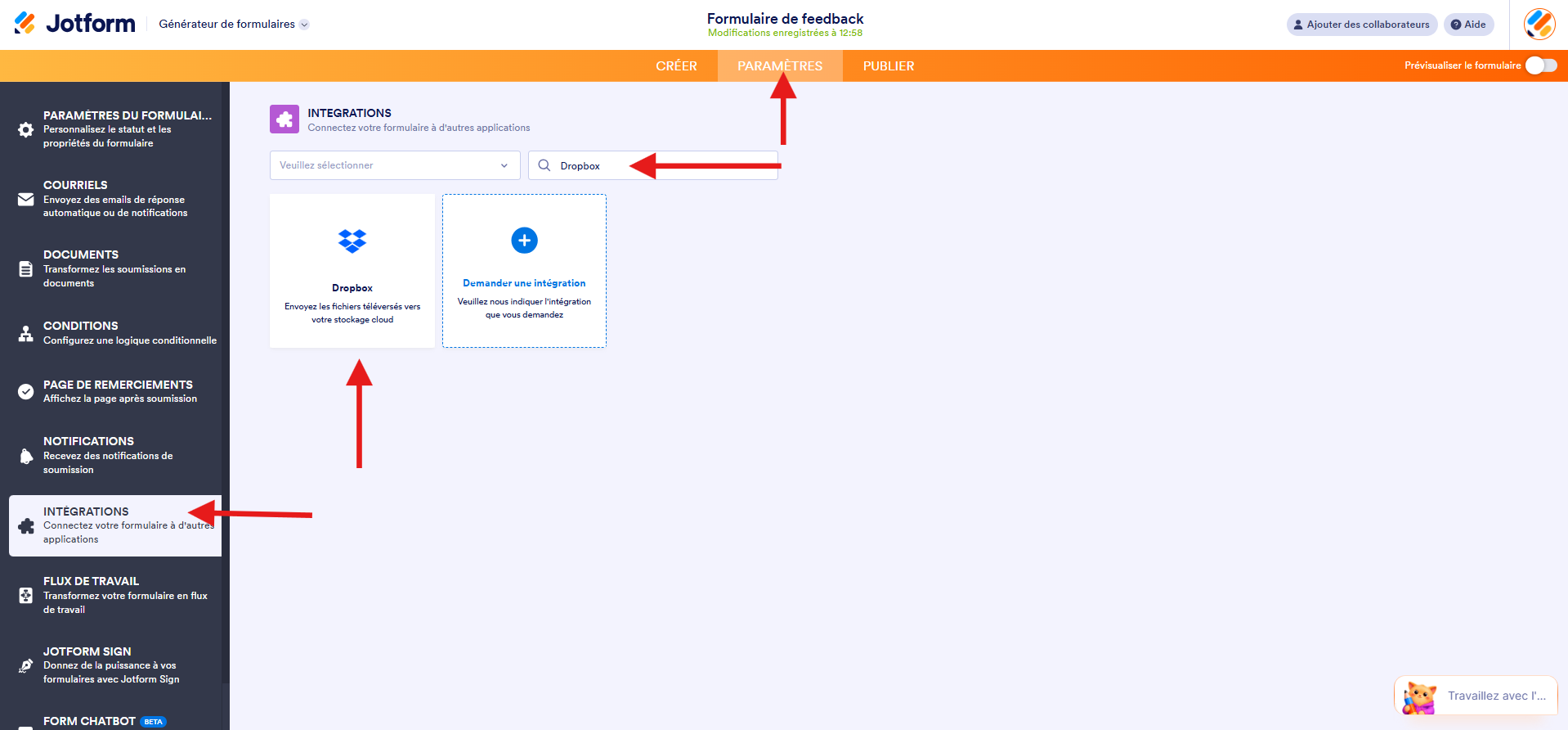 Capture d'écran de la page Intégrations dans le Générateur de formulaires avec une flèche vers Paramètres, une autre vers Intégrations, une autre vers Dropbox dans le champ de recherche et une autre vers Dropbox dans les résultats de recherche