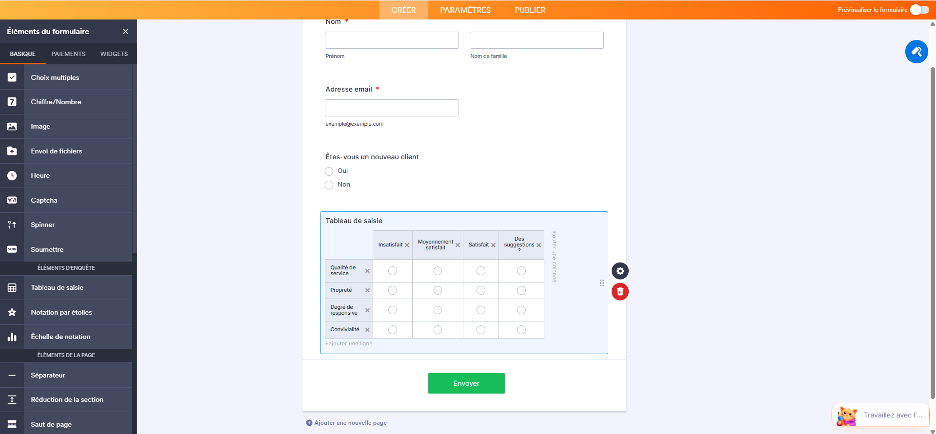 Capture d'écran d'un élément Tableau de saisie dans un formulaire dans le Générateur de formulaires Jotform
