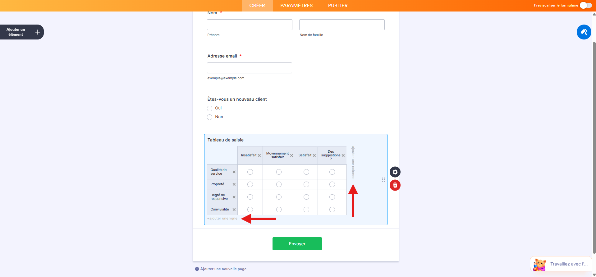 Capture d'écran d'un élément Tableau de saisie dans un formulaire dans le Générateur de formulaires Jotform avec une flèche vers + ajouter une colonne et une autre vers + ajouter une ligne
