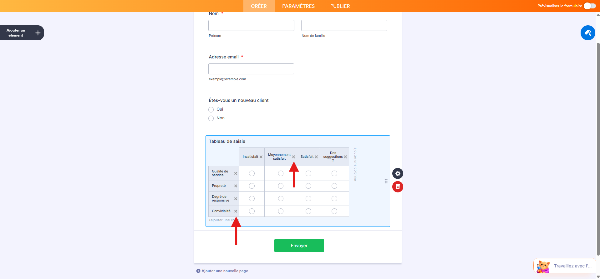 Capture d'écran d'un élément Tableau de saisie dans un formulaire dans le Générateur de formulaires Jotform avec une flèche vers le x de l'étiquette d'une ligne et une autre vers le x d'une étiquette d'une colonne pour les supprimer